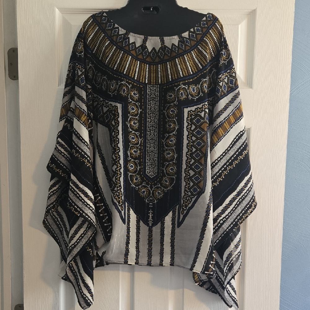 Bob Mackie Navy, White & Gold Embroidered Boho Poncho Top